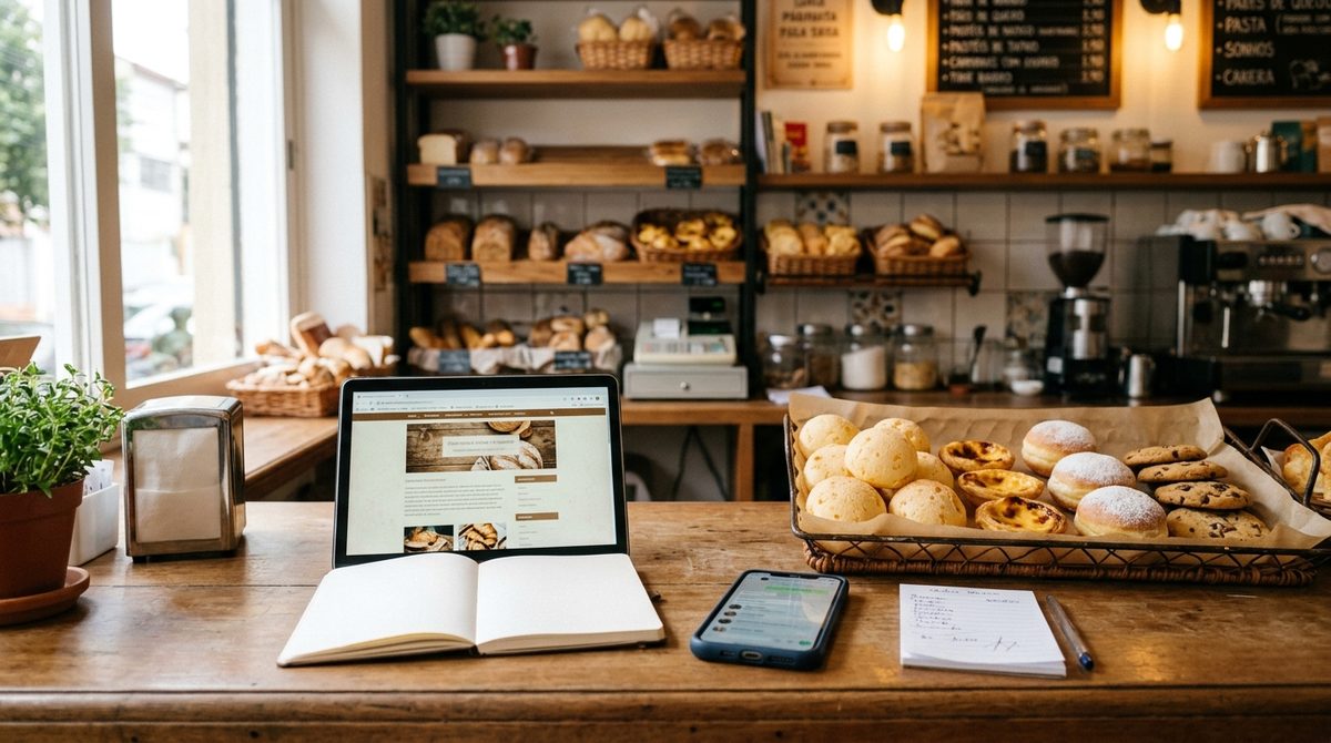 Balcão de padaria com cesta de doces, notebook aberto, celular com conversa e bloco de anotações